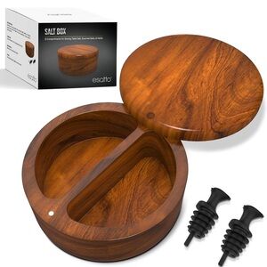 NEW Esatto 2 compartment Wooden Salt Box with Lid, come with 2 vine pourers